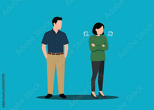 Man and woman standing facing away from each other in disagreement or conflict  unhappy couple