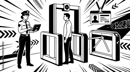 Security guard scanning person at airport security checkpoint gate