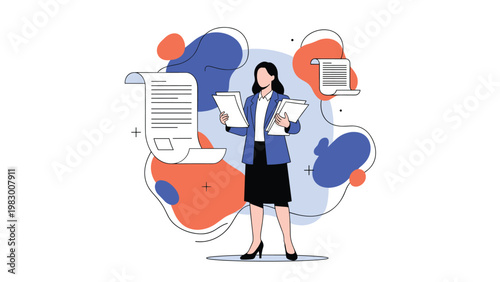 Professional businesswoman manages a heavy workload while holding multiple folders and documents in an office setting.