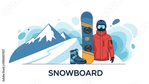 Winter sports gear set for snowboarding includes a board, specialized boots, a red jacket, and a safety helmet.