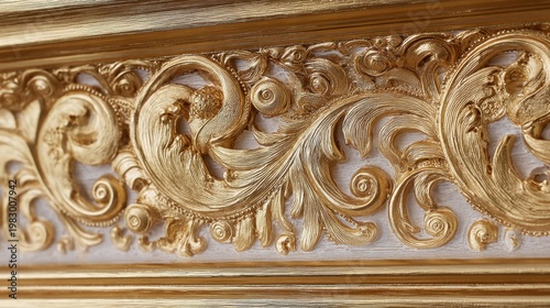 Golden molding with intricate carved floral patterns on a wall. Luxury interior decorative element with ornate rococo style relief design. Architectural detail for home decor style.