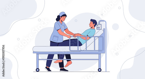Nurse helping patient out of hospital bed, medical care, healthcare concept