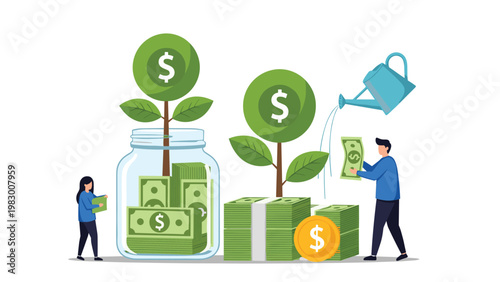 Financial growth and investment concepts show people watering money trees growing from jars and stacks of cash.