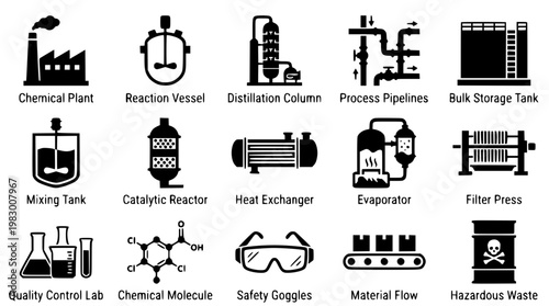 Industrial chemical plant equipment and process vector illustration set