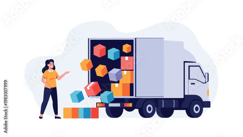 Logistics and shipping problems are shown with colorful boxes falling out of the back of a white moving delivery truck.