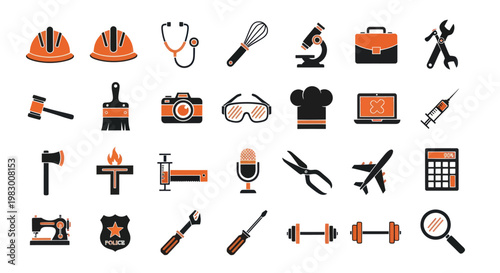 Collection of diverse professional and industry-related flat design icons on white background.