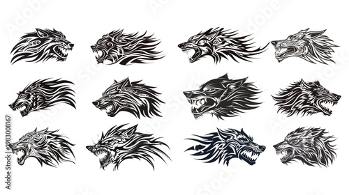 Side profile of an angry wolf head in minimalist tribal tattoo style bold line vector illustration fierce animal symbol clean monochrome design