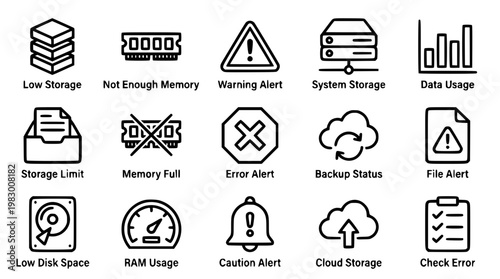 Vector icons for computer storage and memory alerts illustrated