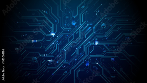 Futuristic abstract background with AI circuit board pattern and blue data lines. Cyber network structure across tech texture, inspired by processors, electronics and digital infrastructure systems.