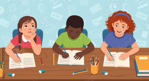 Three diverse children, two girls and one boy, diligently writing in notebooks at a wooden desk in a classroom setting, with educational illustrations on the wall.