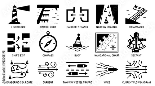 Nautical navigation symbols and signs vector graphic illustration set