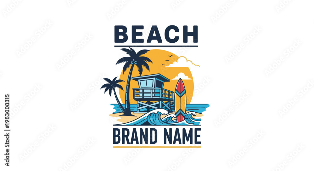 Fototapeta premium Retro beach scene with lifeguard tower, palm trees, and surfboard