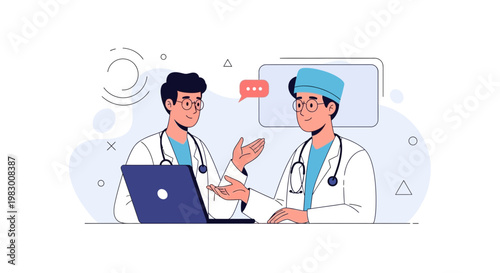 Two doctors discussing medical case on laptop, modern flat illustration
