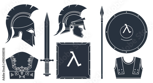 Collection of ancient Spartan warrior armor and weapon silhouettes icons set