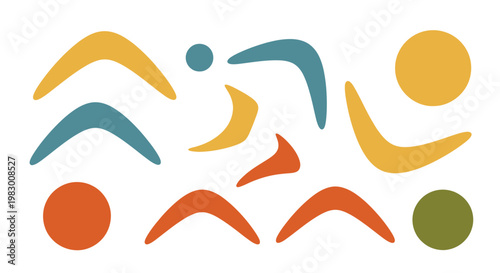 Mid century modern abstract organic shapes and geometric design elements on white background.