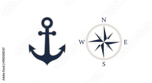 Simple vector illustration of nautical symbols: an anchor and a compass rose.