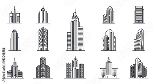Collection of modern city architecture and skyscraper line art icons on white background.