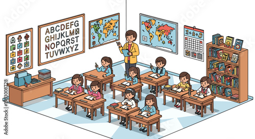 A vibrant isometric illustration of a diverse classroom scene with a teacher instructing young students at their desks, surrounded by educational charts and a bookshelf.