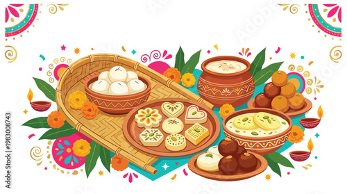 Happy Pohela Boishakh Celebration with Traditional Bengali Sweets and Diyas Vector Illustration