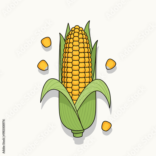 A close-up illustration of a ripe ear of corn with green husks and scattered kernels on a white background.