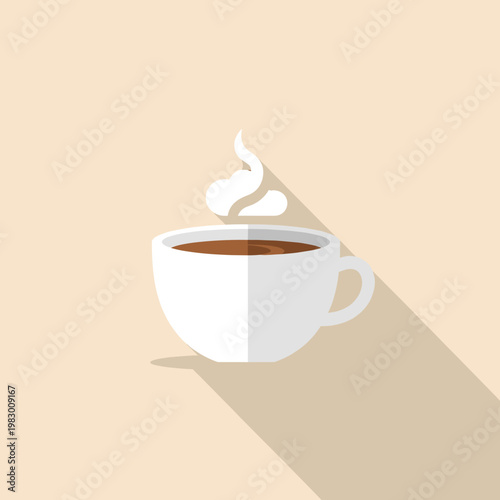 A minimalist flat design illustration of a steaming hot coffee cup with a long shadow on a light background.