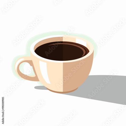 A minimalist illustration of a beige coffee cup filled with dark black coffee, casting a subtle shadow on a white background.