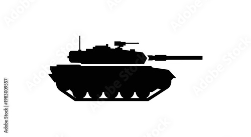 Black Silhouette of a Modern Military Tank on a White Background
