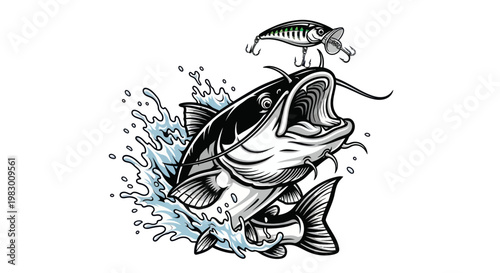 Catfish splashing out of water with fishing lure