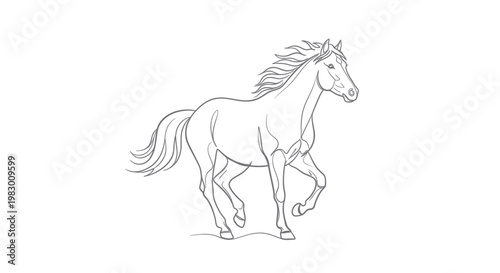 Elegant Horse Line Art Drawing, Galloping Equine Silhouette, Vector Illustration