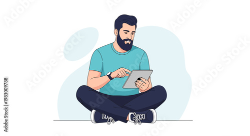 Bearded man sitting cross-legged using a tablet, modern flat illustration