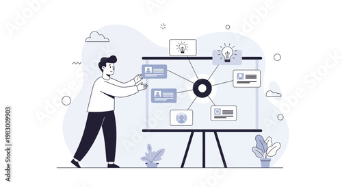 Business strategy meeting with mind map on whiteboard and presenter