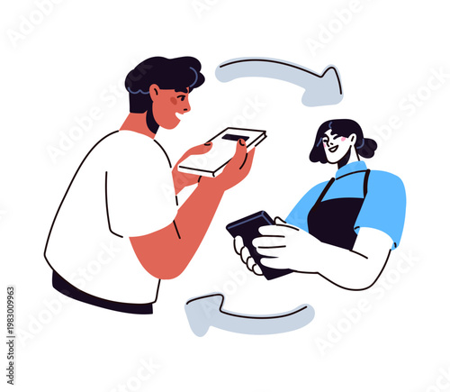 Exchanging goods, sharing secondhand items. Book crossing, reuse and eco conscious consumption concept. Barter deal, objects swap between people. Flat vector illustration isolated on white background