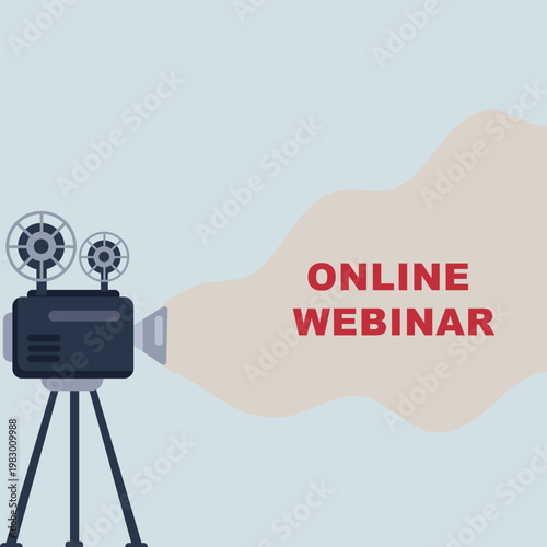 Flat vector illustration of movie camera projecting light beam with text for education, digital seminar, and broadcasting.