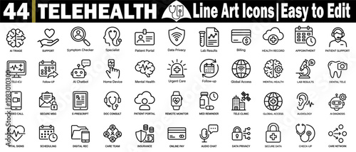 Telehealth and telemedicine line art icon set. Containing digital healthcare medical technology, virtual consultation, remote patient monitoring, and a doctor app, vector illustration.