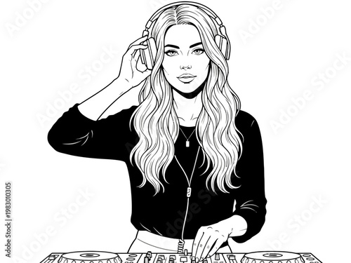 Female DJ wearing headphones and using mixing console line art