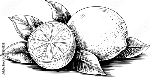 Vintage of a whole lemon and a sliced lemon with leaves white background, citrus fruit