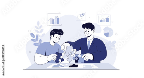 Businessmen assembling jigsaw puzzle, teamwork, strategy, problem solving, success, collaboration