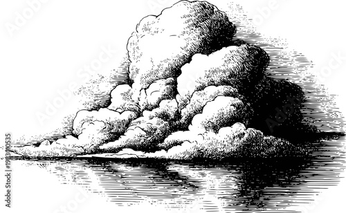 Detailed black and white engraving of dramatic cumulus clouds reflected water