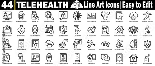 Modern telemedicine line icons. Featuring digital health services featuring virtual doctor visits, mobile medical apps, remote diagnostics, and healthcare technology. vector illustration.