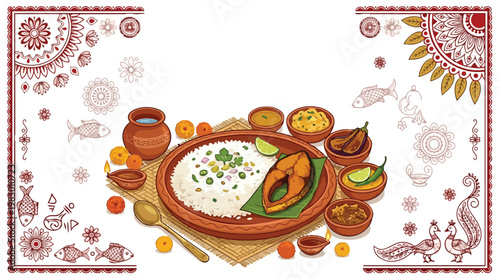 Traditional Bengali Feast Featuring Fish Rice and Various Curries Served in Earthen Pots with Decorative Elements Celebrating Pohela Boishakh