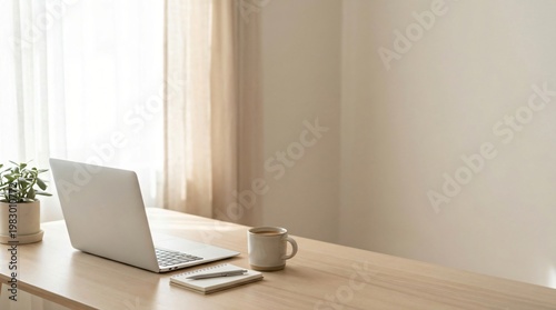 Remote work concept with laptop on clean desk coffee notebook natural light from window
