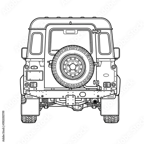 Car Offroad Classic rear view with spare tire, detailed line art, bold black outline, symmetrical design, isolated on white