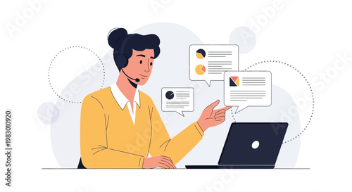 Customer service agent with headset and laptop, communication and support concept