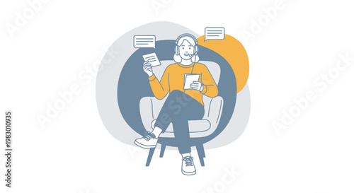 Customer service agent with headset and tablet, working remotely from home.