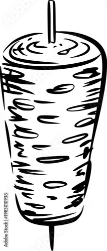 Sketchy black and white doner kebab skewer white background, shawarma meat