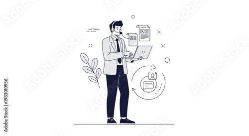 Customer service agent with laptop and headset, digital communication concept