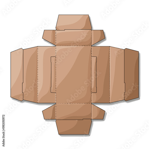 A detailed illustration of a flattened cardboard box template, showing all its folds and tabs for assembly.