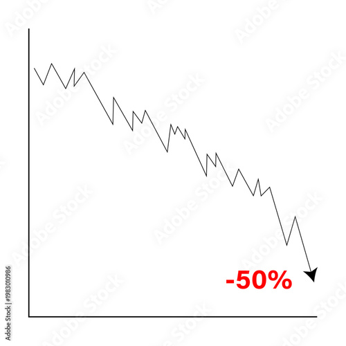 stock market crash with -50 percent decline graph, financial loss concept with downward trend chart, economic downturn and bearish market illustration, business analytics showing major profit drop gra