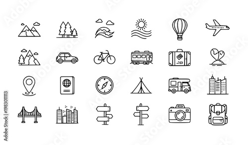 Travel adventure line icons set with nature transport and city symbols minimal outline vector collection
