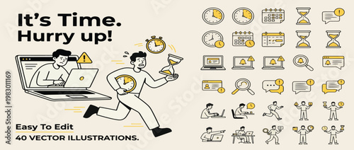 Business vector illustrations of time management, business planning, time and events, schedule and deadline, calendar. Concepts for graphic and web design, social media and marketing